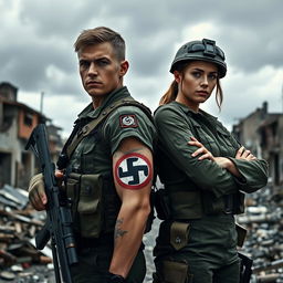 A male and female soldier in combat gear, both displaying a prominent swastika tattoo on their forearms