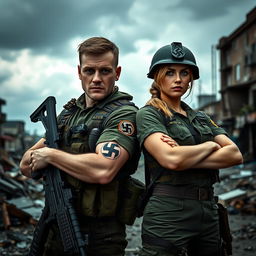 A male and female soldier in combat gear, both displaying a prominent swastika tattoo on their forearms