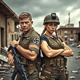 A male and female soldier in combat gear, both displaying a prominent swastika tattoo on their forearms