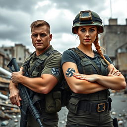 A male and female soldier in combat gear, both displaying a prominent swastika tattoo on their forearms
