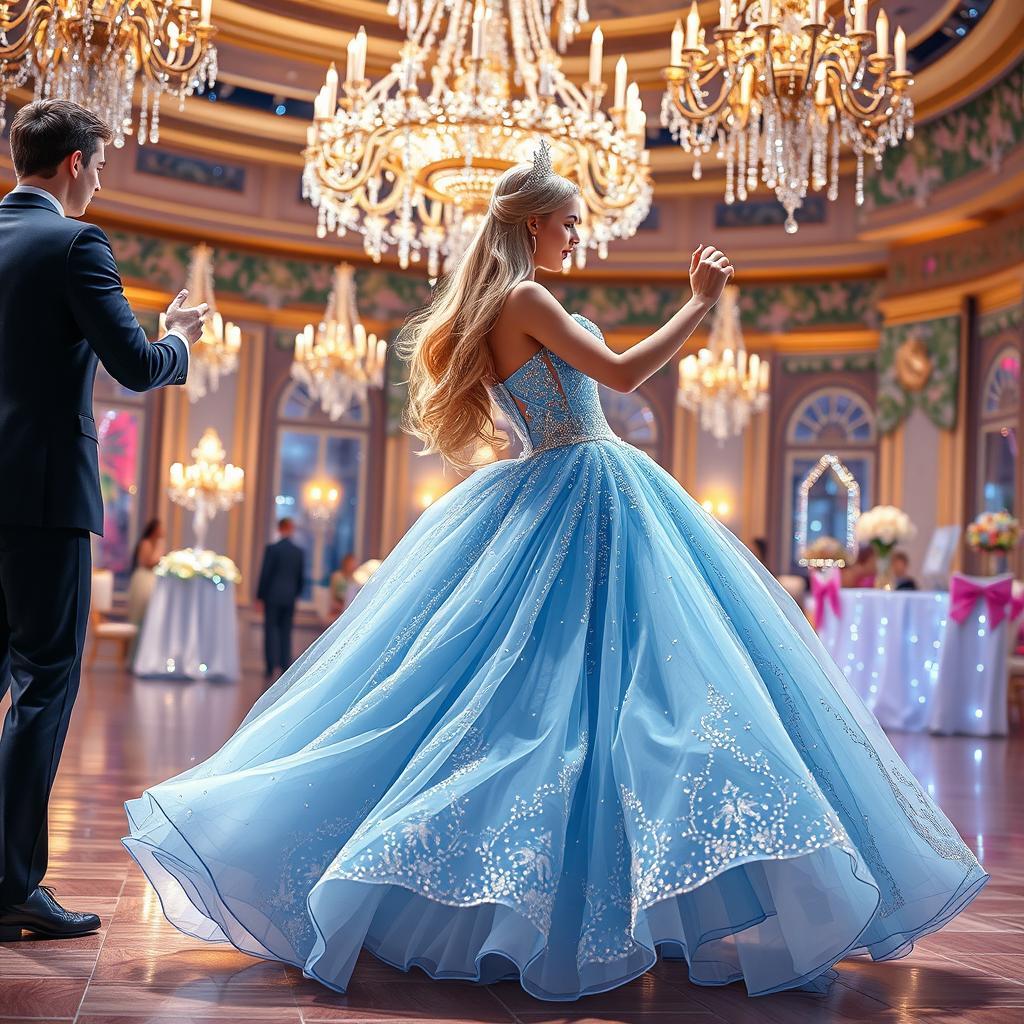A beautiful modern reinterpretation of Cinderella, featuring a young woman in a stunning, light blue ball gown adorned with sparkling sequins