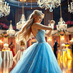 A beautiful modern reinterpretation of Cinderella, featuring a young woman in a stunning, light blue ball gown adorned with sparkling sequins