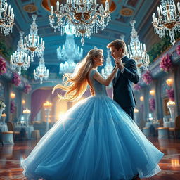 A beautiful modern reinterpretation of Cinderella, featuring a young woman in a stunning, light blue ball gown adorned with sparkling sequins