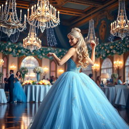 A beautiful modern reinterpretation of Cinderella, featuring a young woman in a stunning, light blue ball gown adorned with sparkling sequins
