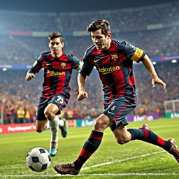 A dynamic and energetic soccer scene featuring Cristiano Ronaldo and Lionel Messi playing together on the same team, wearing matching jerseys