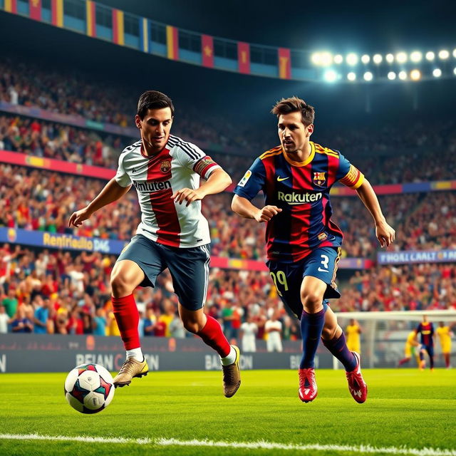 A dynamic and energetic soccer scene featuring Cristiano Ronaldo and Lionel Messi playing together on the same team, wearing matching jerseys