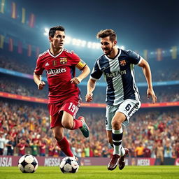 A dynamic and energetic soccer scene featuring Cristiano Ronaldo and Lionel Messi playing together on the same team, wearing matching jerseys