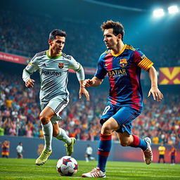 A dynamic and energetic soccer scene featuring Cristiano Ronaldo and Lionel Messi playing together on the same team, wearing matching jerseys