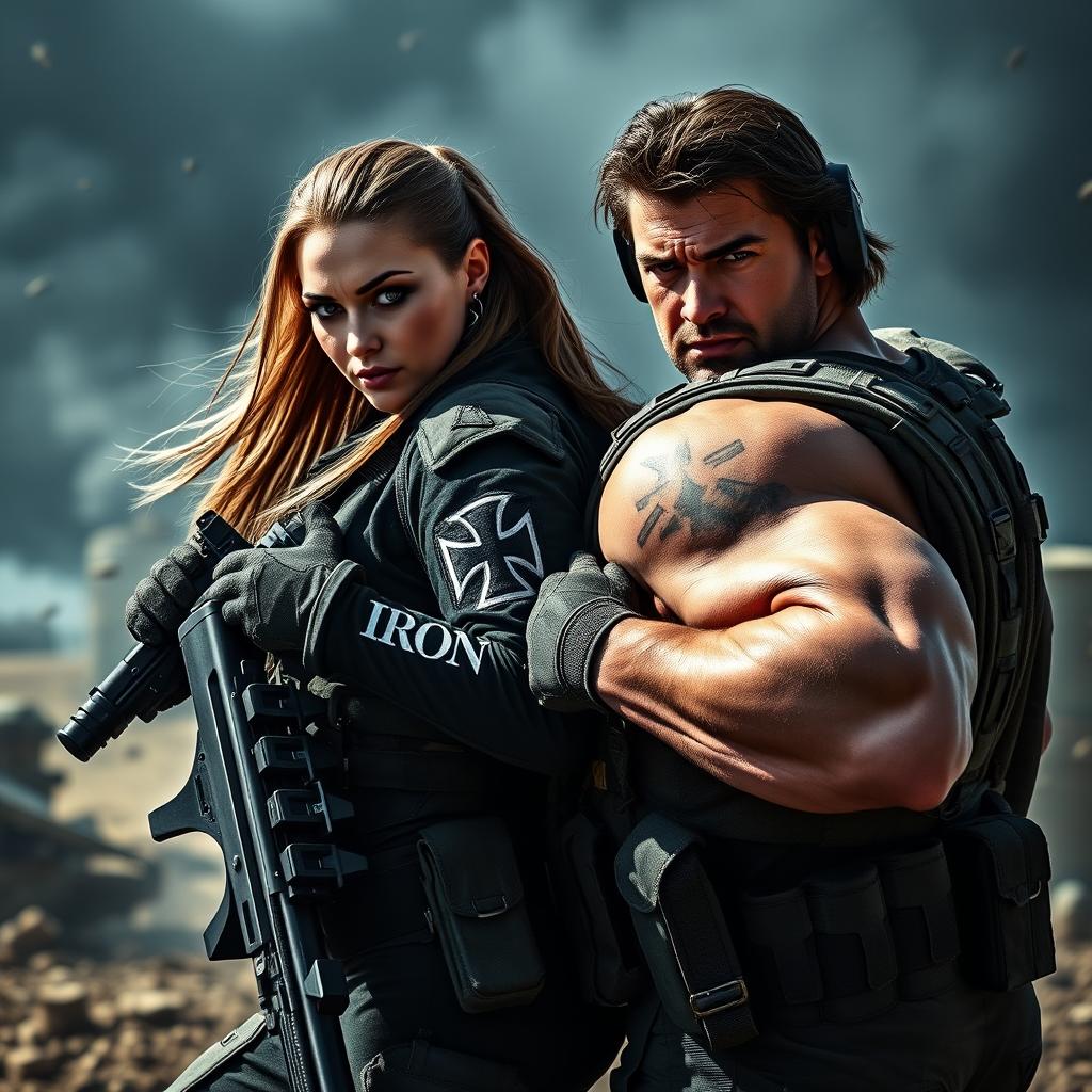 A male and female commando in a dynamic action pose, both wearing tactical military gear