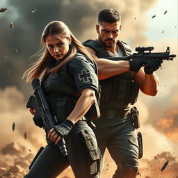 A male and female commando in a dynamic action pose, both wearing tactical military gear
