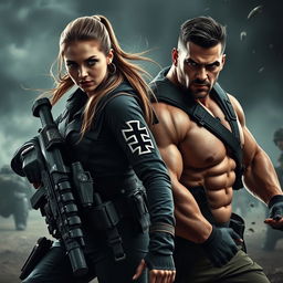 A male and female commando in a dynamic action pose, both wearing tactical military gear
