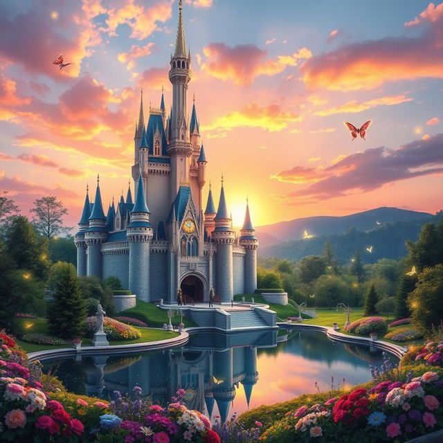 A stunning depiction of Cinderella Castle, inspired by fairy tales, set in a magical landscape