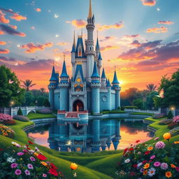 A stunning depiction of Cinderella Castle, inspired by fairy tales, set in a magical landscape