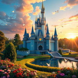 A stunning depiction of Cinderella Castle, inspired by fairy tales, set in a magical landscape