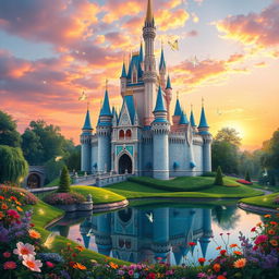 A stunning depiction of Cinderella Castle, inspired by fairy tales, set in a magical landscape