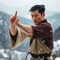 A professional Chinese martial artist training in the snowy mountainous landscape of Shaolin, showcasing a powerful stance