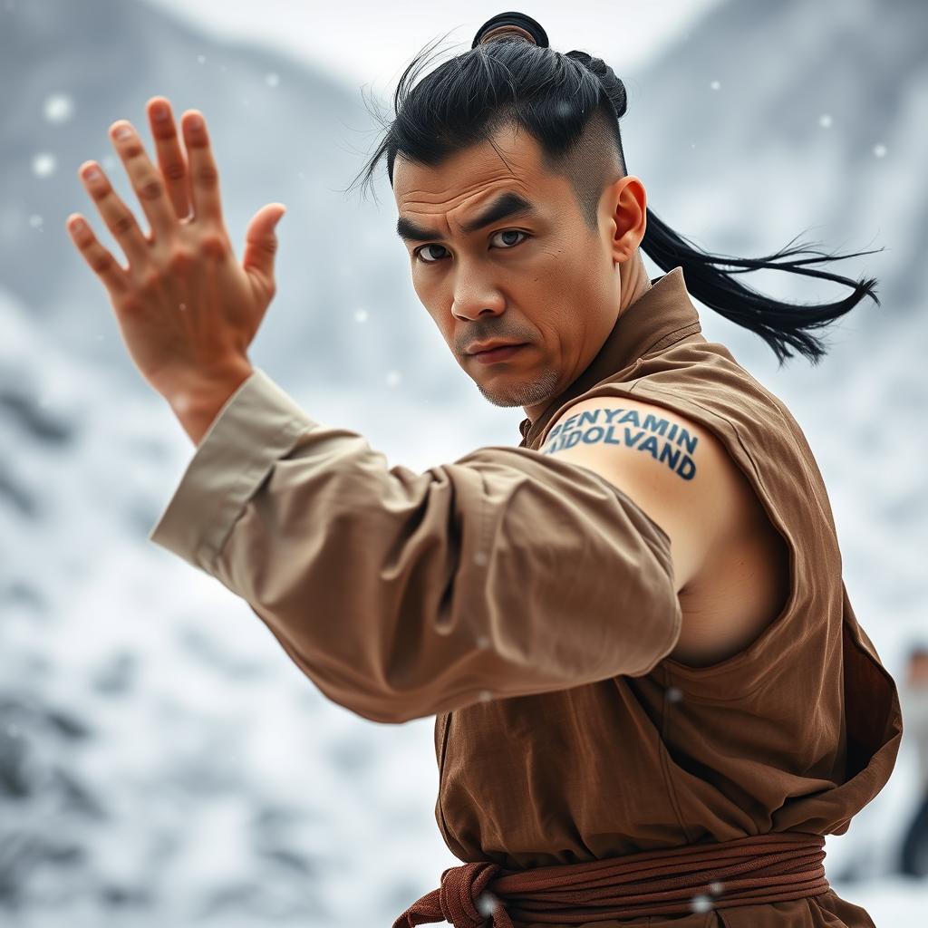 A professional Chinese martial artist training in the snowy mountainous landscape of Shaolin, showcasing a powerful stance