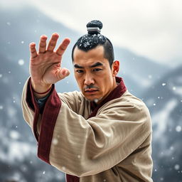 A professional Chinese martial artist training in the snowy mountainous landscape of Shaolin, showcasing a powerful stance