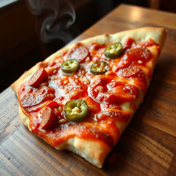 A delicious slice of pizza loaded with spicy, fiery hot sauce, glistening with an intense red hue, surrounded by melting cheese and toppings like pepperoni and jalapeños, the crust perfectly golden and crisp, set on a rustic wooden table with a warm, inviting atmosphere, a hint of steam rising from the fresh slice, emphasizing its mouthwatering appeal