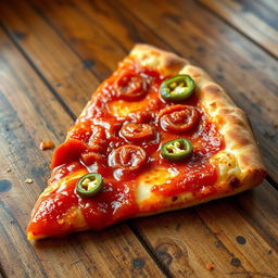 A delicious slice of pizza loaded with spicy, fiery hot sauce, glistening with an intense red hue, surrounded by melting cheese and toppings like pepperoni and jalapeños, the crust perfectly golden and crisp, set on a rustic wooden table with a warm, inviting atmosphere, a hint of steam rising from the fresh slice, emphasizing its mouthwatering appeal