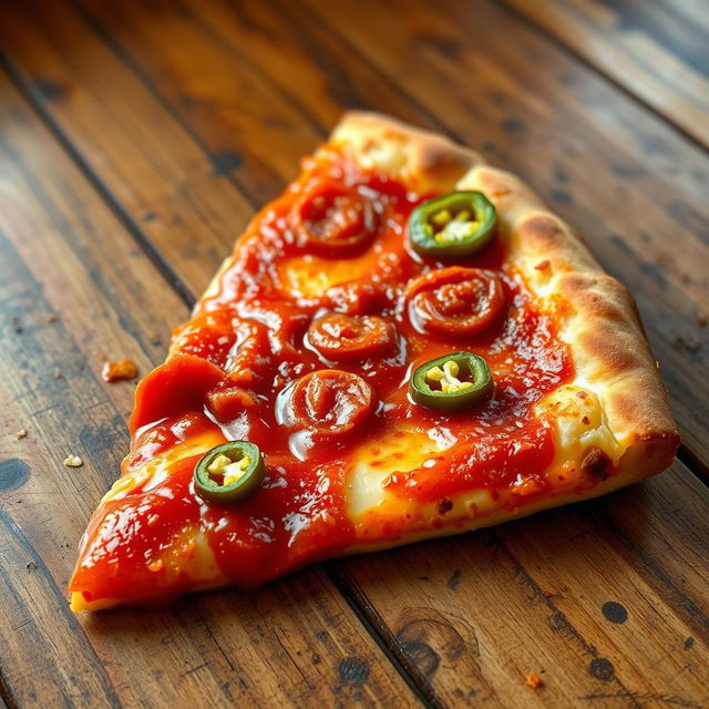 A delicious slice of pizza loaded with spicy, fiery hot sauce, glistening with an intense red hue, surrounded by melting cheese and toppings like pepperoni and jalapeños, the crust perfectly golden and crisp, set on a rustic wooden table with a warm, inviting atmosphere, a hint of steam rising from the fresh slice, emphasizing its mouthwatering appeal