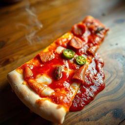 A delicious slice of pizza loaded with spicy, fiery hot sauce, glistening with an intense red hue, surrounded by melting cheese and toppings like pepperoni and jalapeños, the crust perfectly golden and crisp, set on a rustic wooden table with a warm, inviting atmosphere, a hint of steam rising from the fresh slice, emphasizing its mouthwatering appeal