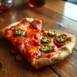 A delicious slice of pizza loaded with spicy, fiery hot sauce, glistening with an intense red hue, surrounded by melting cheese and toppings like pepperoni and jalapeños, the crust perfectly golden and crisp, set on a rustic wooden table with a warm, inviting atmosphere, a hint of steam rising from the fresh slice, emphasizing its mouthwatering appeal