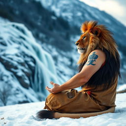 A professional Chinese martial artist practicing meditation in the snowy landscape of Shaolin, with a cold waterfall cascading behind him in the mountainous background