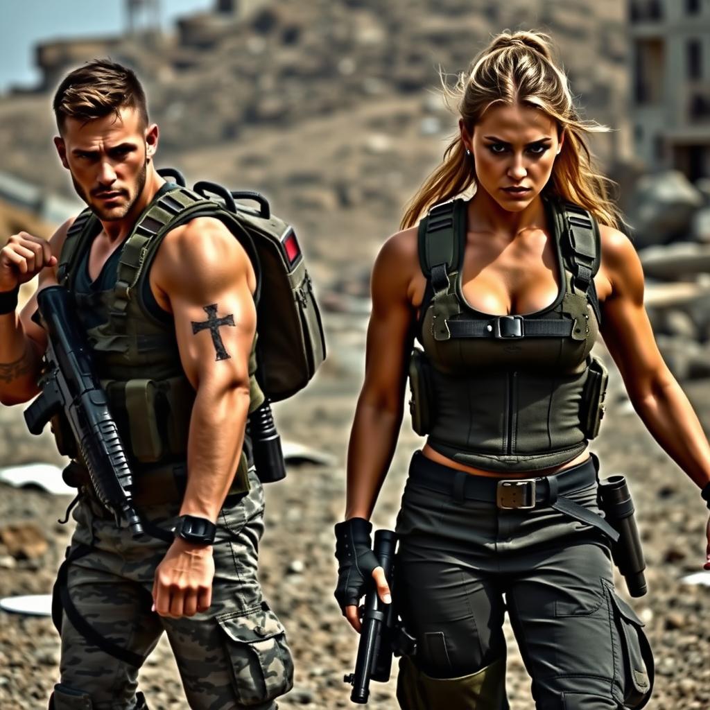 A dynamic scene featuring two commandos, one male and one female, both with a strong and confident stance