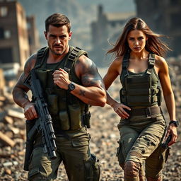 A dynamic scene featuring two commandos, one male and one female, both with a strong and confident stance