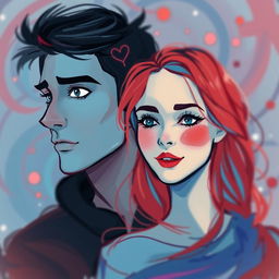An abstract illustration of a couple, where the male figure is depicted with a distant look in his eyes, symbolizing his thoughts of an ex-girlfriend