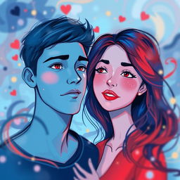 An abstract illustration of a couple, where the male figure is depicted with a distant look in his eyes, symbolizing his thoughts of an ex-girlfriend