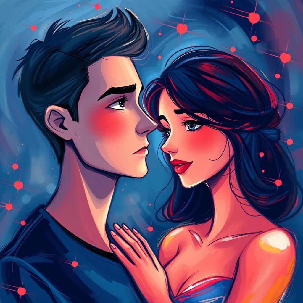 An abstract illustration of a couple, where the male figure is depicted with a distant look in his eyes, symbolizing his thoughts of an ex-girlfriend
