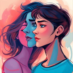 An abstract illustration of a couple, where the male figure is depicted with a distant look in his eyes, symbolizing his thoughts of an ex-girlfriend