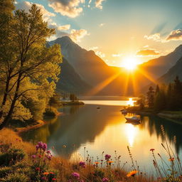 A stunning and vibrant landscape featuring a panoramic view of a golden sunset casting warm rays over a tranquil lake surrounded by majestic mountains