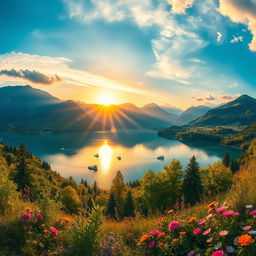 A stunning and vibrant landscape featuring a panoramic view of a golden sunset casting warm rays over a tranquil lake surrounded by majestic mountains