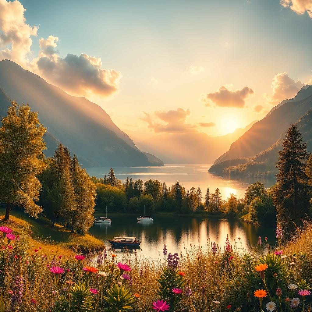 A stunning and vibrant landscape featuring a panoramic view of a golden sunset casting warm rays over a tranquil lake surrounded by majestic mountains
