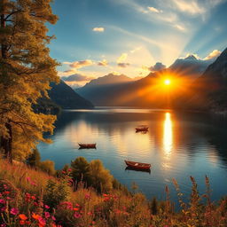 A stunning and vibrant landscape featuring a panoramic view of a golden sunset casting warm rays over a tranquil lake surrounded by majestic mountains