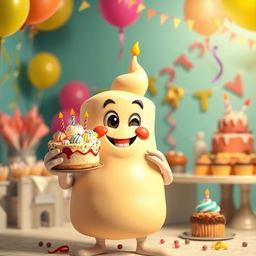 A whimsical scene featuring a cheerful, anthropomorphic cake character, smiling and with a playful expression, proudly holding a smaller cake in its hands