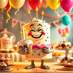 A whimsical scene featuring a cheerful, anthropomorphic cake character, smiling and with a playful expression, proudly holding a smaller cake in its hands