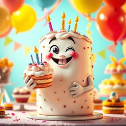 A whimsical scene featuring a cheerful, anthropomorphic cake character, smiling and with a playful expression, proudly holding a smaller cake in its hands