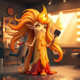A captivating image of a whimsical hair stylist character named 'Ignis Lux', who is depicted with long, flowing hair that looks like a flickering flame