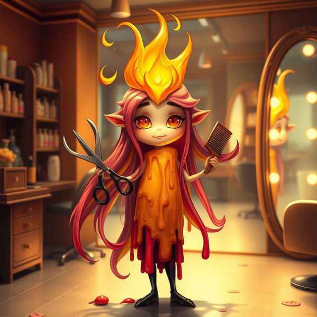 A captivating image of a whimsical hair stylist character named 'Ignis Lux', who is depicted with long, flowing hair that looks like a flickering flame