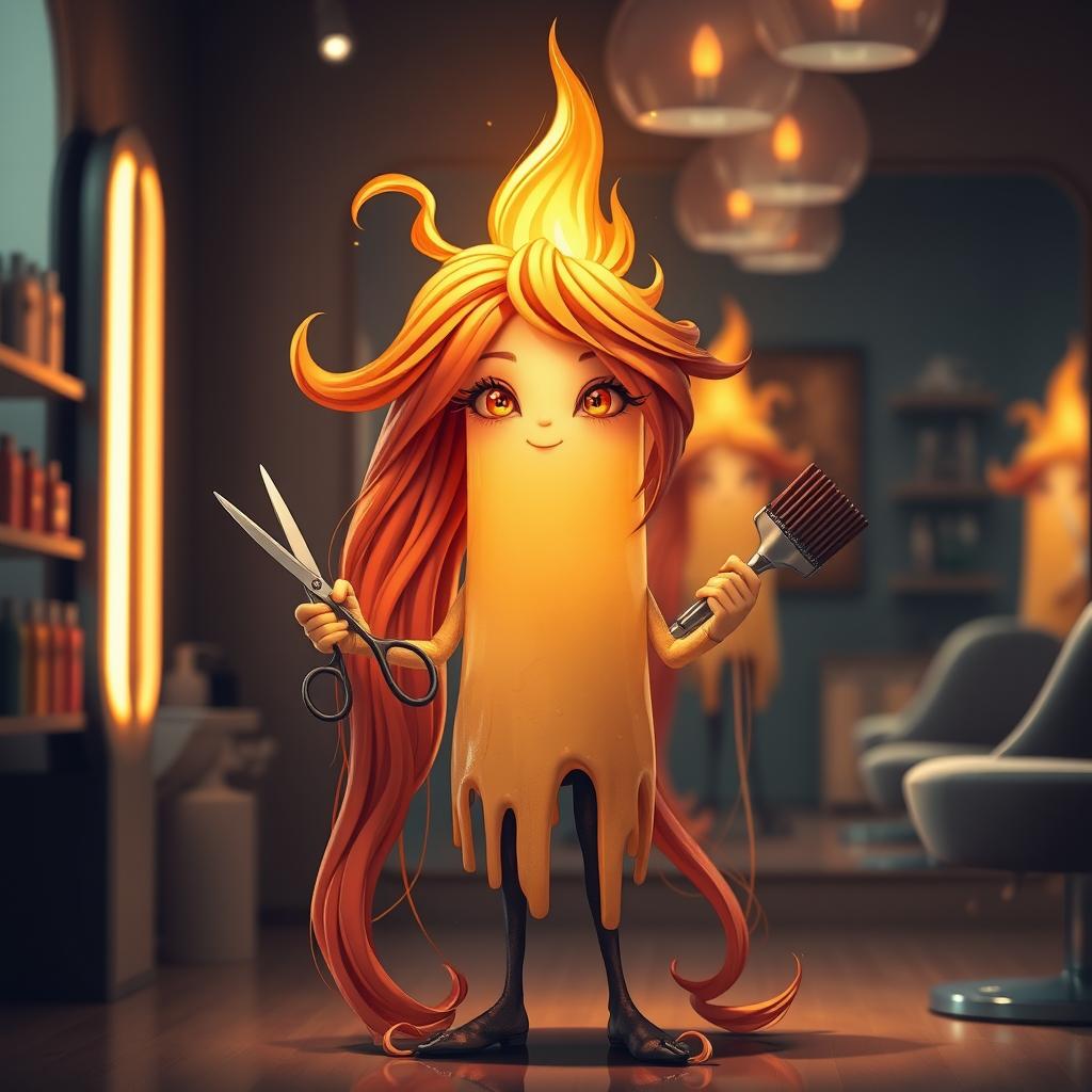 A captivating image of a whimsical hair stylist character named 'Ignis Lux', who is depicted with long, flowing hair that looks like a flickering flame