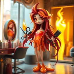 A captivating image of a whimsical hair stylist character named 'Ignis Lux', who is depicted with long, flowing hair that looks like a flickering flame