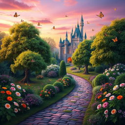 A whimsical and enchanting forest landscape featuring a fairy-tale castle in the background