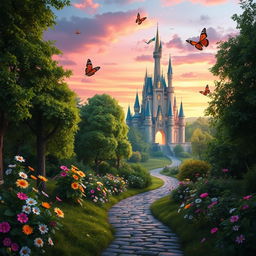 A whimsical and enchanting forest landscape featuring a fairy-tale castle in the background