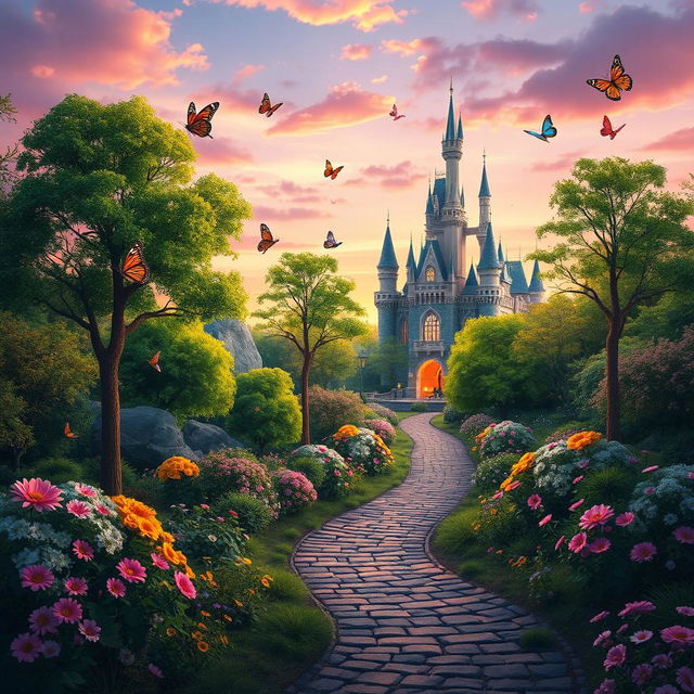 A whimsical and enchanting forest landscape featuring a fairy-tale castle in the background