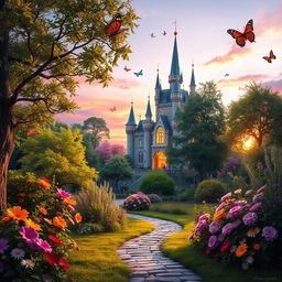 A whimsical and enchanting forest landscape featuring a fairy-tale castle in the background