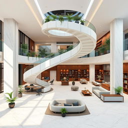 A modern office design visualization featuring the following characteristics: 
- Land size: 15 meters by 30 meters
